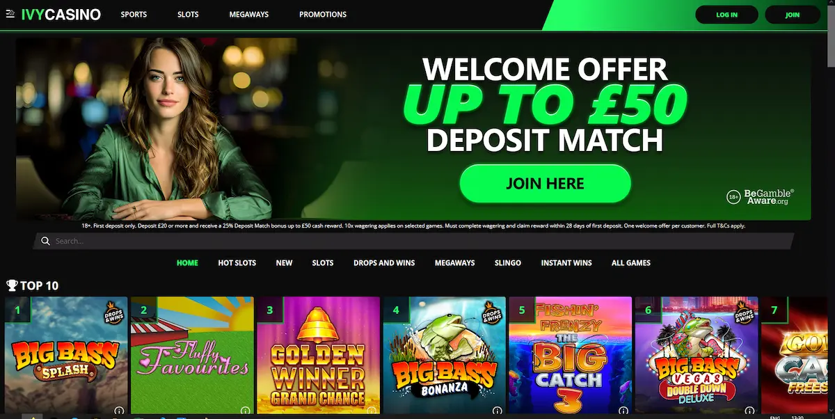 Domovská stránka Ivy Casino s uvítací nabídkou a přehledem herní nabídky